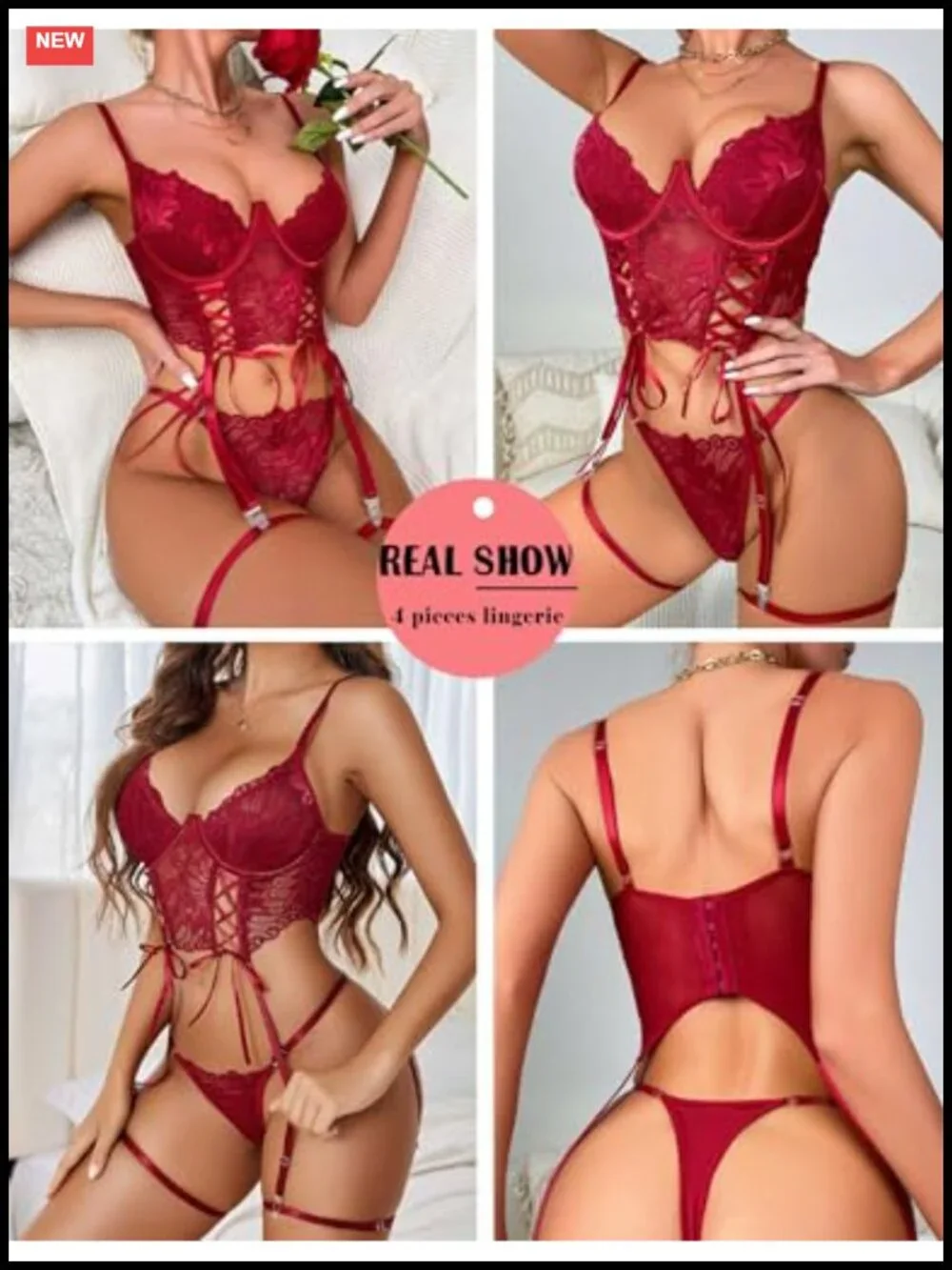 4 Piece Lace Lingerie Set Garter Bra Panty Thigh Garters Underwire Push Up Sexy